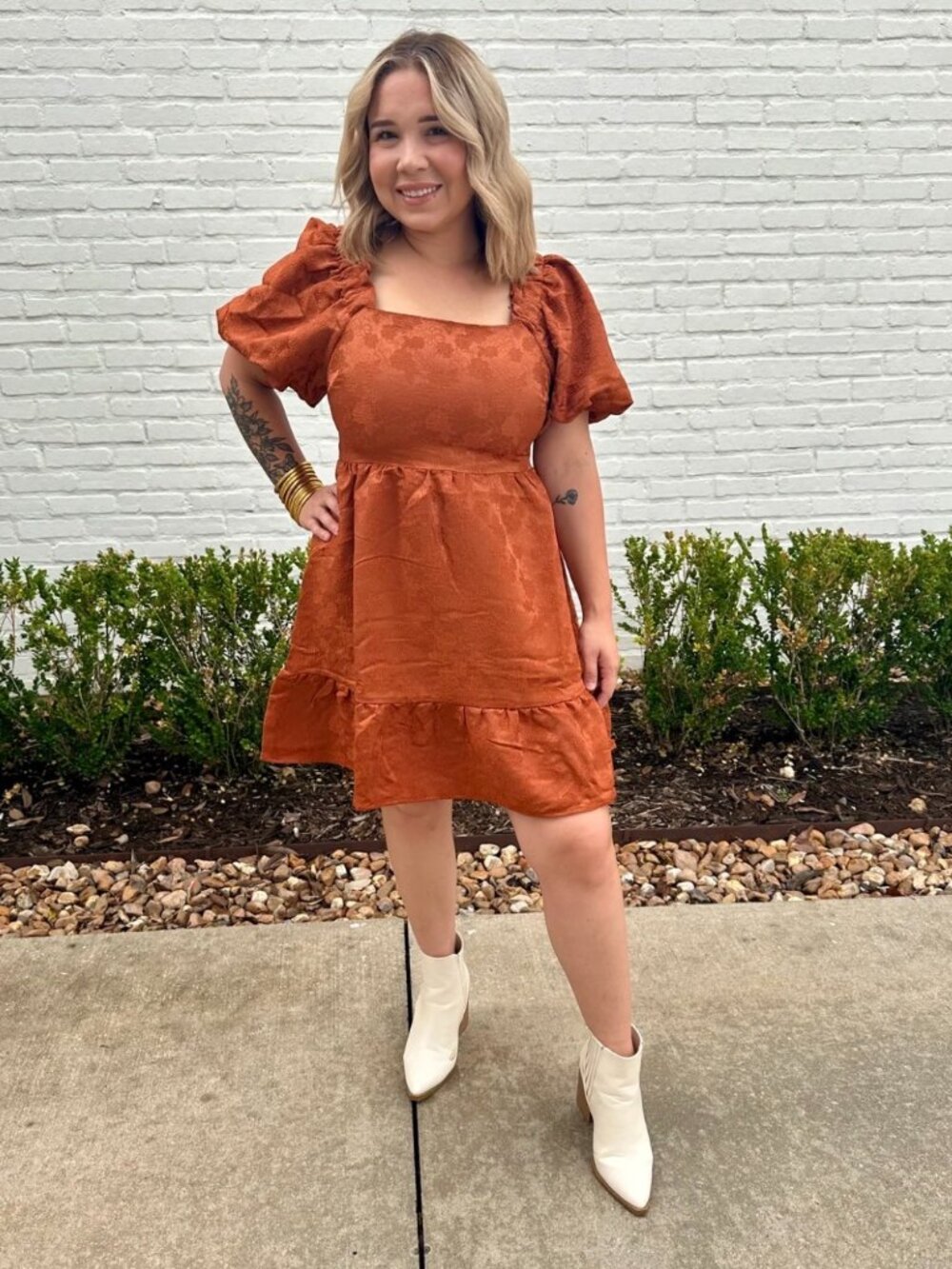 Boutique Burnt Orange Mini Dress Square Neck and Puff Sleeves ~ Med ~ Fall Dress